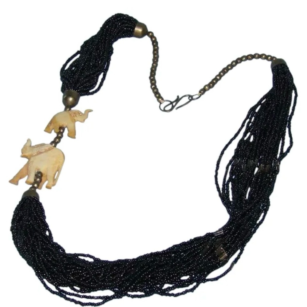 Vintage Bone Elephant Seed Bead Beaded Multi Strand Necklace